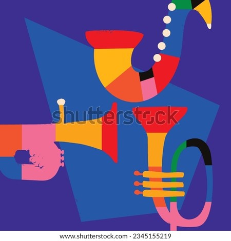 Modern music poster with abstract and minimalistic musical instruments assembled from colorful geometric forms and shapes. Vibrant musical collage with trumpet and saxophone for flyer, banner, invites