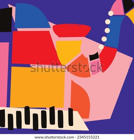 Modern music poster with abstract and minimalistic musical instruments assembled from colorful geometric forms and shapes. Vibrant musical collage with saxophone and piano

