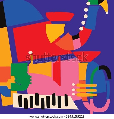 Modern music poster with abstract and minimalistic musical instruments assembled from colorful geometric forms and shapes. Vibrant musical collage with trumpet, saxophone and piano