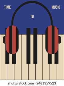 Modern Music Poster design with Piano keys and headphones. Abstract Musical artwork in trendy retro 90s style. Vector illustration can used sound record studio interior design. EPS 10