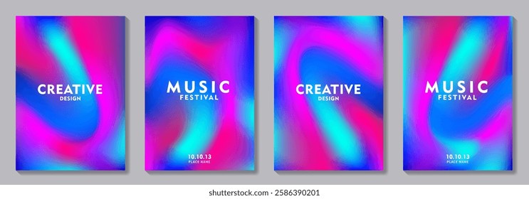 Modern music poster design vector set for electro sound cover template with colorful background. Trendy abstract design for music festival, club, party, cards, flyer, social media.
