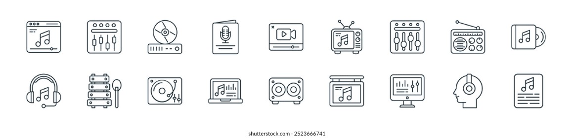 Perfecto para diseños de interfaz de usuario lineal con letras de Vector, escucha, edición de audio, subwoofer, producción de música, tocadiscos y más iconos para App móviles y de Web.