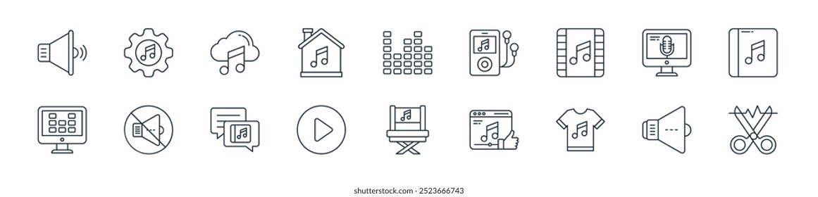 pacote de ícones de produção de música moderna. perfeito para projetos de ui lineares com edição de som vetorial, alto-falante, merchandising, feedback, cadeira de diretor, botão de reprodução, bate-papo e mais ícones para celular e