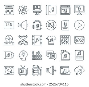pacote de ícones de produção de música moderna. perfeito para projetos de ui lineares com transmissão vetorial, feedback, volume, xilofone, transmissão e mais ícones.