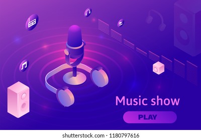 Modern Music Radio Show Or Audio Blog Concept, Podcast Isometric 3d Illustration, Vector Landing Page Template With People, Microphone, Sound Studio Interior