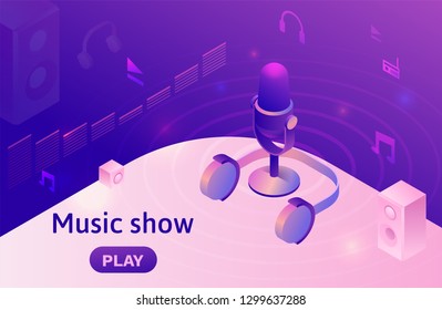 Modern music radio show or audio blog concept, podcast isometric 3d illustration, vector landing page template with people, microphone, sound studio interior