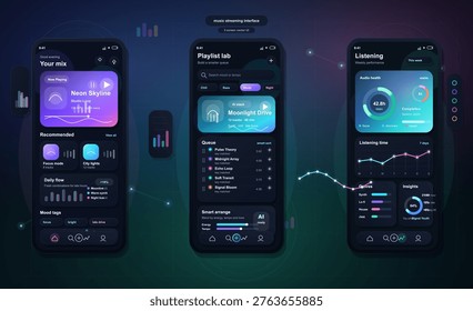 Modern music streaming app interface with three dark-themed mobile screens displaying playlists, listening statistics, and personalized recommendations in a futuristic style.