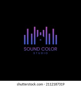 Modern music studio logo with equalizer bars forming house icon in vibrant purple pink gradient on black background