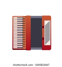 Modern musical instrument accordion, accordion. Classic accordion, harmonious sound. Realistic keyboard wooden musical instrument, work in the ensemble. Vector illustration isolated.