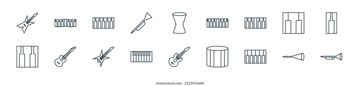 Perfecto para diseños de interfaz de usuario lineal que incluyen Vector et, et, piano, batería, guitarra, piano, guitarra y más iconos para App móviles y de Web.