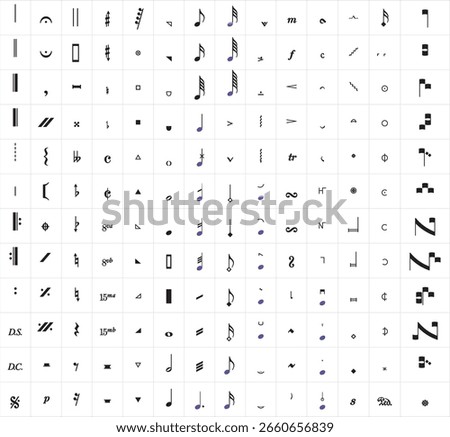 Modern Musical Notation Symbol Icon. Vector Set Featuring Clefs, Notes, Rests, Time Signatures, Accidentals, Ornaments, Piano. Instrument Markings for Music Education, Sheet Composer Performance [[stock_photo]] © 