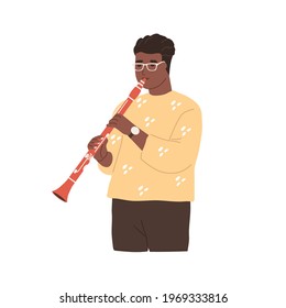 Modern musician playing clarinet. Black-skinned clarinetist performing jazz music on woodwind instrument. Afro-American instrumentalist. Colored flat vector illustration isolated on white background