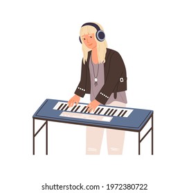 Modern musician standing in headphones and playing synthesizer. Talented piano player performing melody on keyboard music instrument. Colored flat vector illustration isolated on white background