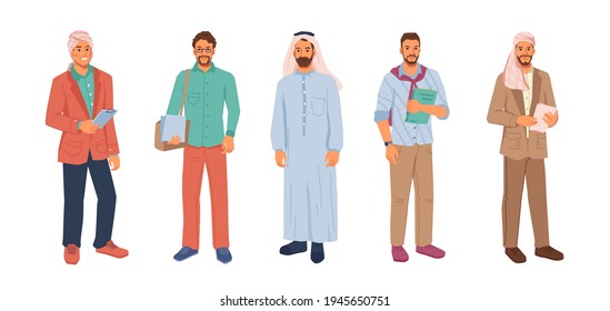 Modern muslim businessman in hijab or headscarf isolated flat cartoon people set. Vector arabian business man in national and casual cloth, entrepreneurs from middle east, uae citizen, successful guys