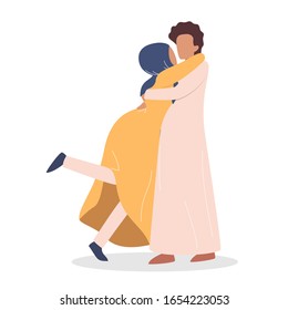 Modern muslim couple hugging each other. Arabian woman and man are in love. Lovers spending time together. Isolated flat vector illustration