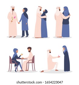 Modern muslim couple love story set. Arabian woman and man are in love. Lovers spending time together on a date and proposal. Isolated flat vector illustration