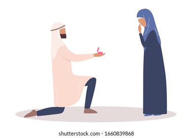 Modern muslim couple on a date. Arabian man proposing with engagement ring. Lovers spending time together. Isolated flat vector illustration