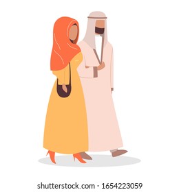 Modern muslim couple walking together. Arabian woman and man are in love. Lovers spending time together. Isolated flat vector illustration