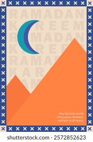 Modern Muslim greeting card with orange sand dunes, a teal crescent moon and bold "Ramadan Kareem" text in the background. Eid Mubarak trendy geometric poster with blue frame and Islamic motifs art.