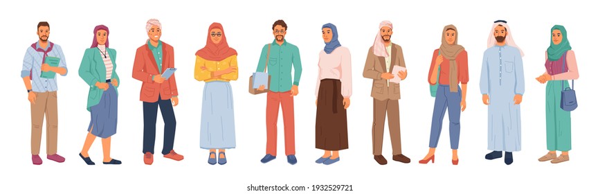 Modern muslim people, businessman and businesswoman isolated flat cartoon people set. Vector arabians in national and casual cloth, entrepreneurs from middle east, uae citizen in hijab or headscarf