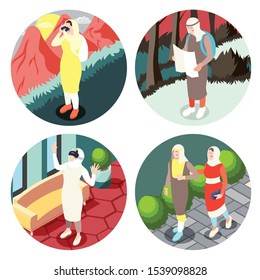 Modern muslim people life aspects concept 4 round isometric compositions with arab saudi islamic clothing vector illustration 