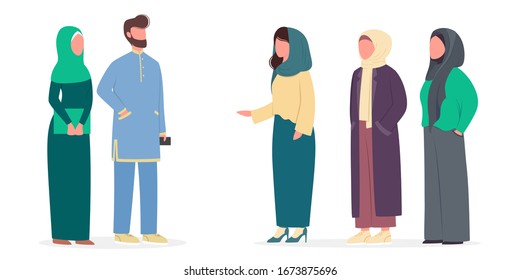 Modern muslim people talk to each other. Arabian people wearing traditional clothes. Arabian man and woman in different straditional clothes. Man wearing headscarf. Islam religion. Vector illustration