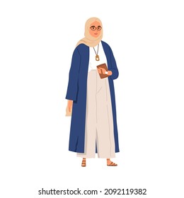 Modern Muslim woman in hijab headscarf. Arab female in fashion outfit, wearing trousers, accessories and eyeglasses. Arabian person portrait. Flat vector illustration isolated on white background