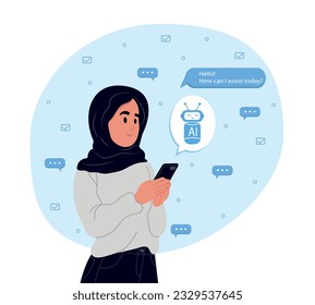 Modern Muslim woman uses the technology of a smart AI robot. AI chat concept, artificial intelligence. Dialogue between the AI assistant and the user in the messenger.