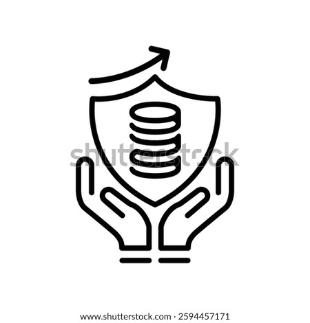 Modern Mutual Funds Icon – Thin Line Stroke Style Featuring Coins, Shield, Hands, Rupee,Dollar Symbol, and Growth Arrow
