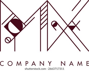 Logotipo MX moderno con un monograma dentro de un marco circular en estilo minimalista, ideal para la marca. El diseño muestra Formas abstractas con líneas limpias que enfatizan la elegancia y el profesionalismo.