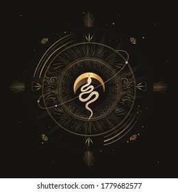 Modern mystical astrology aesthetic illustration. Beautiful bohemian print with moon phases and snake. 