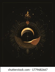 Modern mystical astrology aesthetic illustration. Beautiful bohemian print with moon phases and landscape. 