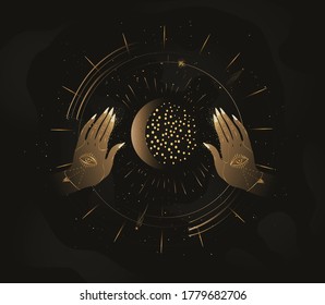 Modern mystical astrology aesthetic illustration. Beautiful bohemian print with moon and hands.