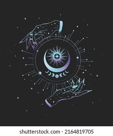 Modern mystical astrology aesthetic illustration. Beautiful bohemian print with moon phases and hands. 