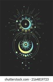 Modern mystical astrology aesthetic illustration. Beautiful bohemian print with moon phases. 