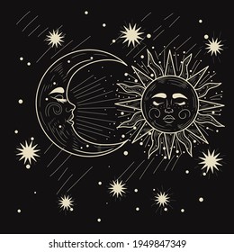 Modern mystical card sun with face and crescent moon. Boho design elements for tarot, astrology, tattoo, cover. Vector illustration