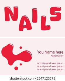 Modern Nail Salon Business Card Design featuring bold red text spelling "NAILS" with glossy highlights, accompanied by a splash graphic representing nail polish.