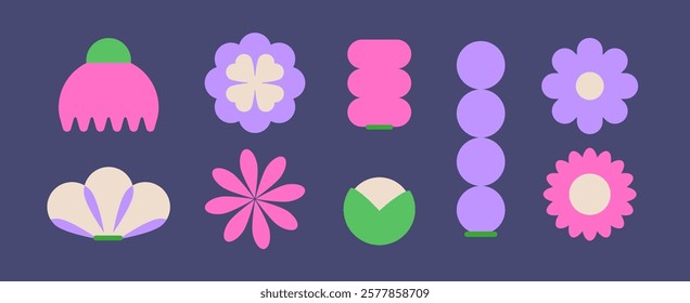 Modern Naive Geometric flowers on dark background. Retro Spring aesthetics. Simple isolated shapes. Flat style. Abstract Flora illustration. Minimalism style. Night Print