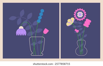 Modern Naive Geometric flowers on dark background. Retro Spring aesthetics. Simple shapes. Flat style. Abstract Flora illustration. Minimalism style. Night Print