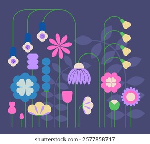 Modern Naive Geometric flowers on dark background. Retro Spring aesthetics. Simple shapes. Flat style. Abstract Flora illustration. Minimalism style. Night Print