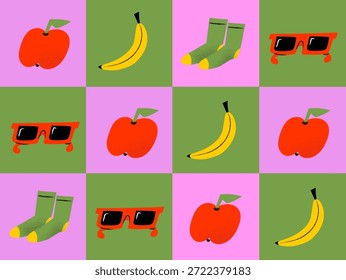 Modernes naives Musterraster: Kuriose Lifestyle-Objekte mit Apple, Banane, Socken und Sonnenbrillen im lebendigen strukturierten Vektorstil