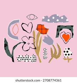 Un moderno conjunto de Vector abstracto de estilo naif con Formas florales dibujadas a mano, corazones, acentos geométricos y Elementos recortados con textura dispuestos sobre un fondo rosa suave