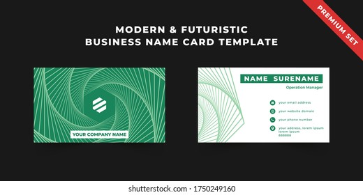 Modern name card for business. Abstract green geometric pattern background. Editable and printable template