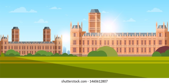 modern national university or college building exterior view empty front yard with green grass and trees education concept sunset background flat horizontal