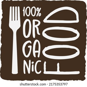 modern natural 100 percent organic food label or badge with fork symbol, vector illustration