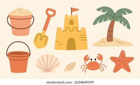 Modern and natural aesthetic illustration of summer beach sandcastle elements collection, featuring sandcastle, palm tree, crab, seashells, buckets, and shovel. Perfect for summer-themed designs.
