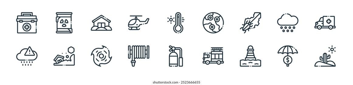 pacote de ícones de desastre natural moderno. perfeito para projetos de ui lineares com vetor deserto, seguro, boia, caminhão de incêndio, extintor de incêndio, mangueira de água, ciclone e mais ícones para aplicativos móveis e da web.