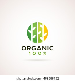 Modern natural logotype template. 100 Percents Organic label. Green circle with plants on it.