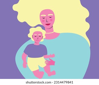 Modern natural mom and son or woman with baby, flat vector stock illustration