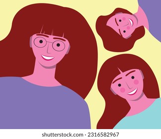 Modern natural woman with children as a concept of motherhood. flat vector stock illustration